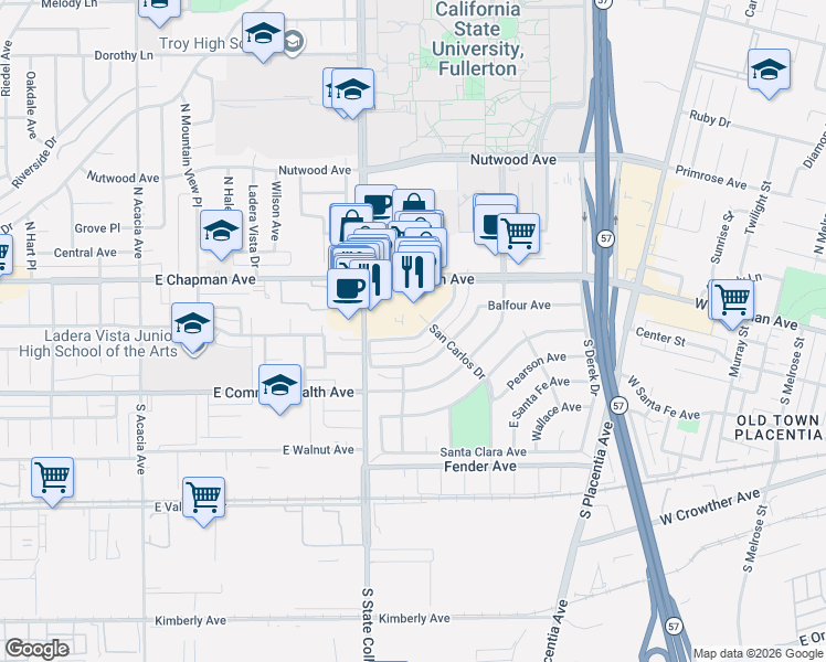 map of restaurants, bars, coffee shops, grocery stores, and more near 2442 East Chapman Avenue in Fullerton