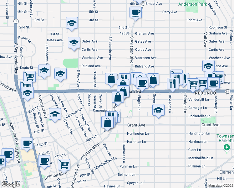 map of restaurants, bars, coffee shops, grocery stores, and more near 1731 Aviation Boulevard in Redondo Beach