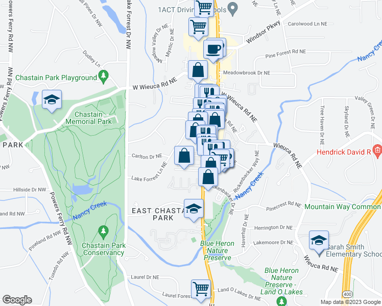 map of restaurants, bars, coffee shops, grocery stores, and more near 220 Lake Forrest Lane Northeast in Atlanta