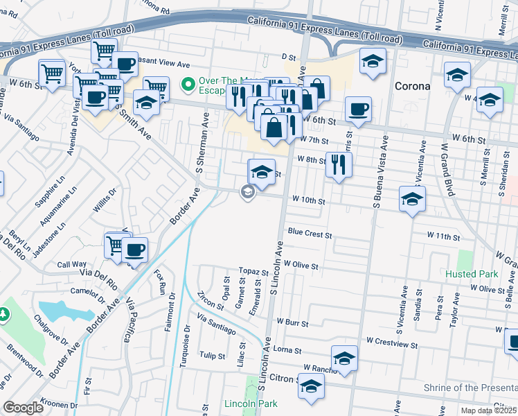 map of restaurants, bars, coffee shops, grocery stores, and more near 1150 West 10th Street in Corona