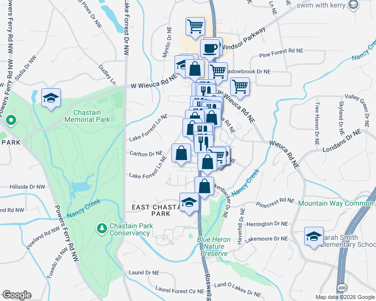 map of restaurants, bars, coffee shops, grocery stores, and more near 4300 Roswell Road Northeast in Atlanta