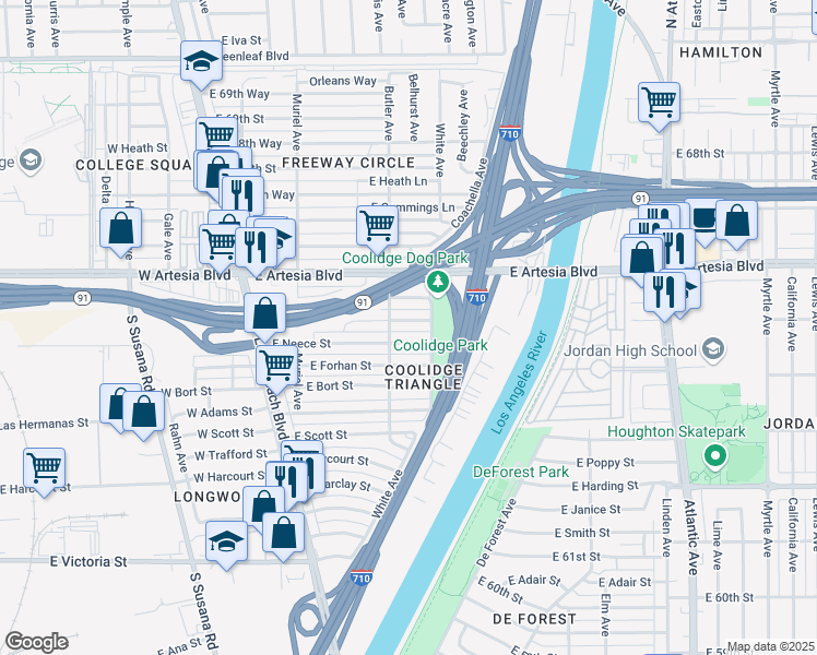 map of restaurants, bars, coffee shops, grocery stores, and more near East 65th Street in Long Beach