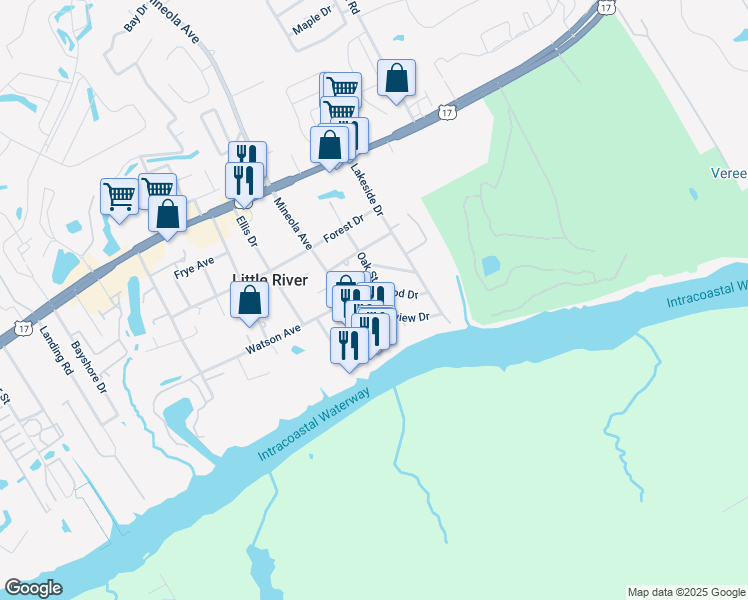 map of restaurants, bars, coffee shops, grocery stores, and more near 1626 Edgewood Drive in Little River