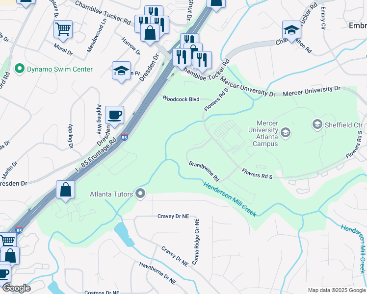 map of restaurants, bars, coffee shops, grocery stores, and more near 2877 Brandywine Road in Atlanta