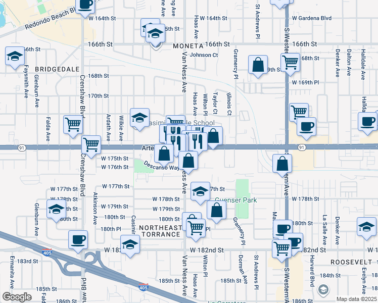 map of restaurants, bars, coffee shops, grocery stores, and more near 17326 Haas Avenue in Torrance