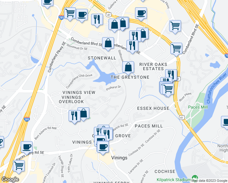 map of restaurants, bars, coffee shops, grocery stores, and more near 100 Pinhurst Drive in Atlanta