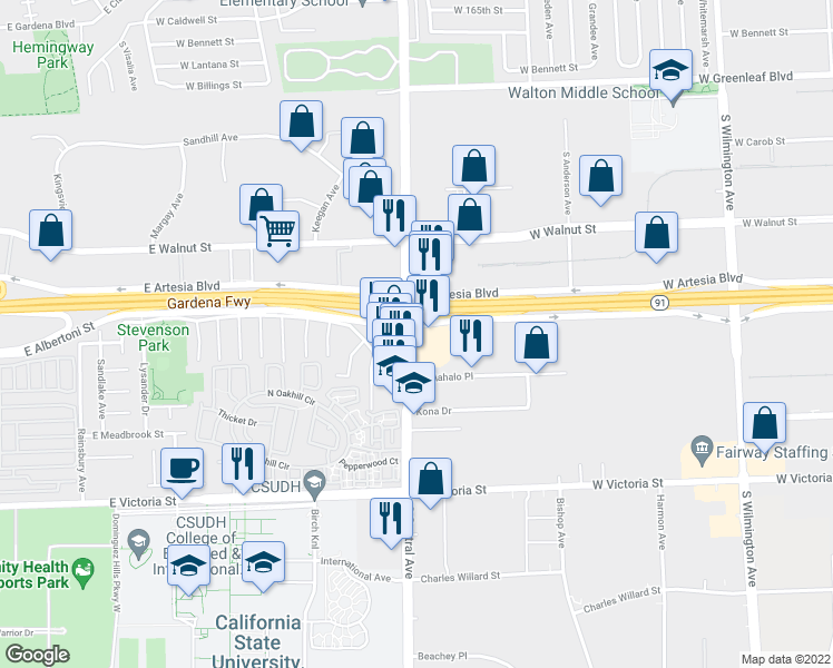 map of restaurants, bars, coffee shops, grocery stores, and more near 2200 West Artesia Boulevard in Compton