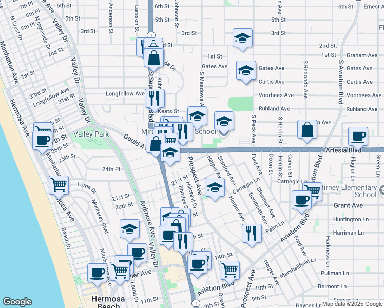 map of restaurants, bars, coffee shops, grocery stores, and more near 1243 Artesia Boulevard in Manhattan Beach