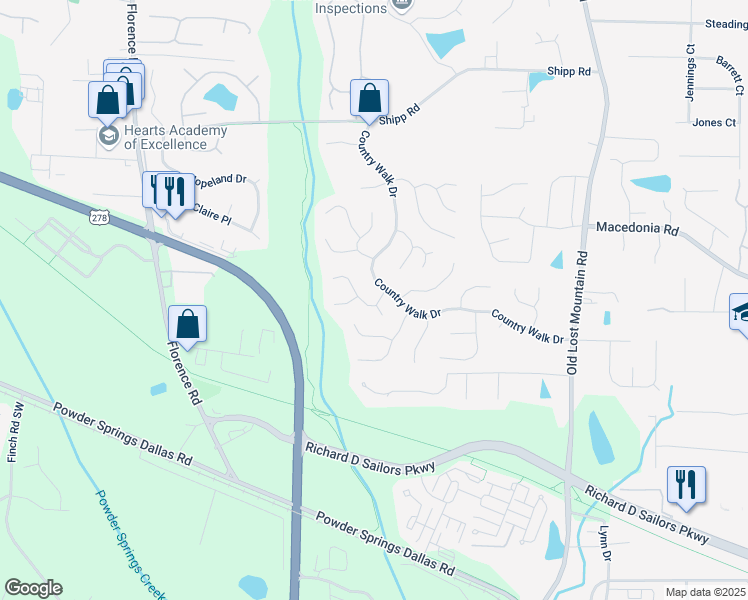map of restaurants, bars, coffee shops, grocery stores, and more near 3237 Country Walk Drive in Powder Springs