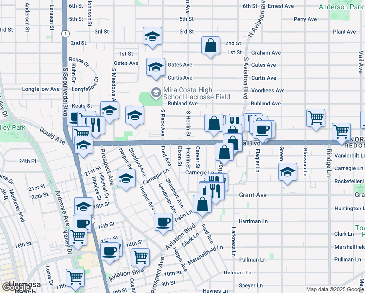 map of restaurants, bars, coffee shops, grocery stores, and more near 1752 Dixon Street in Redondo Beach