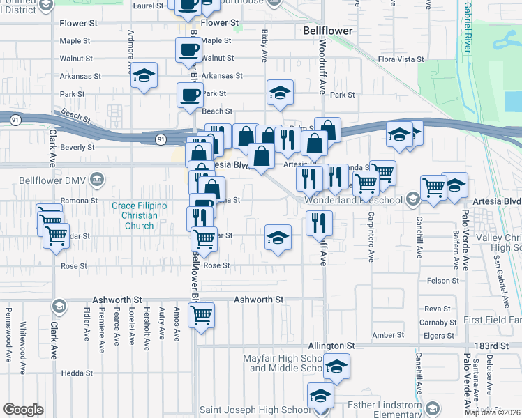 map of restaurants, bars, coffee shops, grocery stores, and more near 9954 Ramona Street in Bellflower