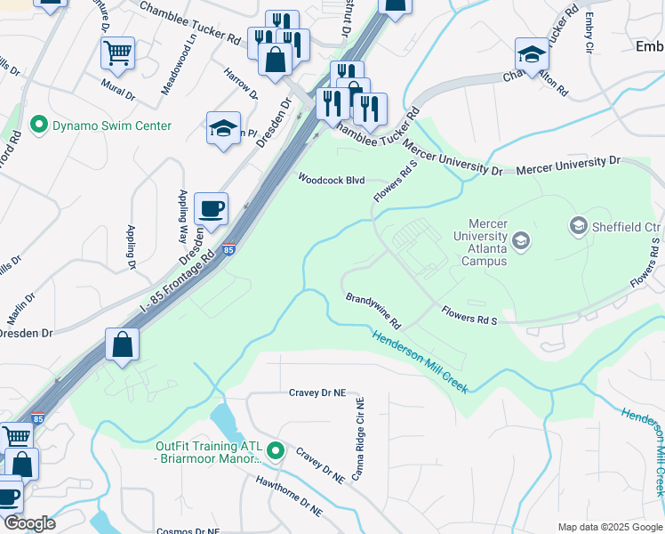 map of restaurants, bars, coffee shops, grocery stores, and more near 2877 Brandywine Road in Atlanta