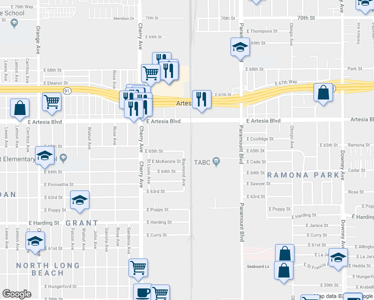 map of restaurants, bars, coffee shops, grocery stores, and more near 6504 Raymond Avenue in Long Beach
