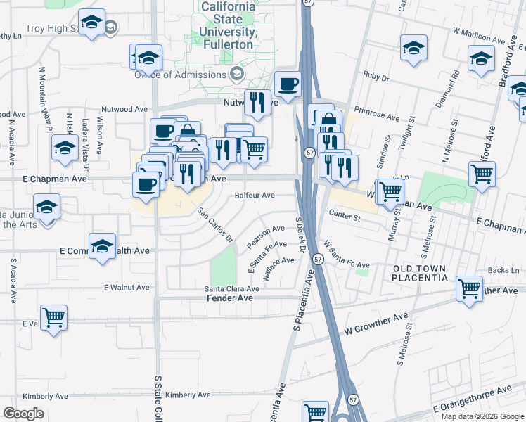 map of restaurants, bars, coffee shops, grocery stores, and more near 2601 Santa Ysabel Avenue in Fullerton