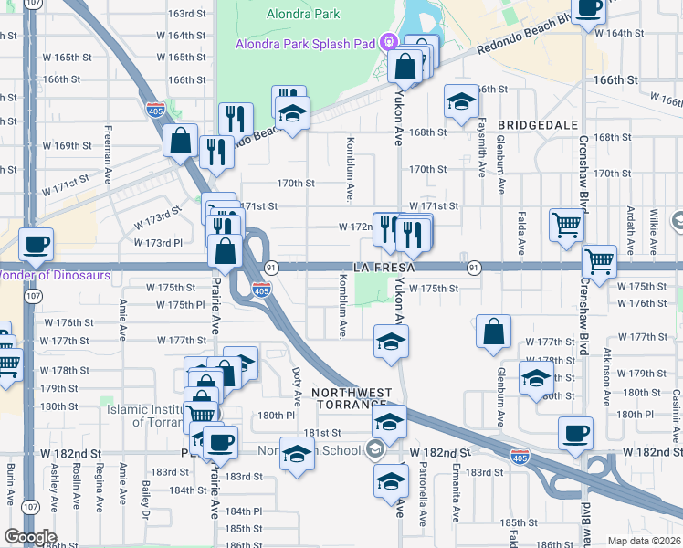 map of restaurants, bars, coffee shops, grocery stores, and more near 17405 Kornblum Avenue in Torrance