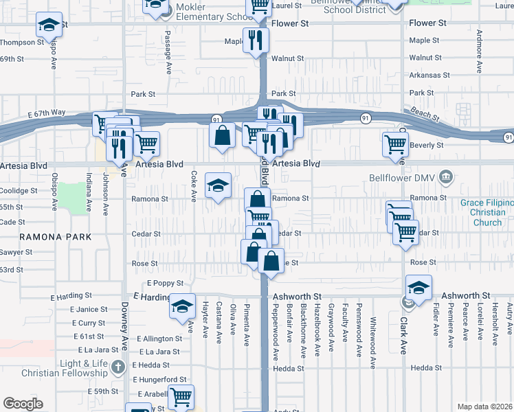 map of restaurants, bars, coffee shops, grocery stores, and more near in Bellflower