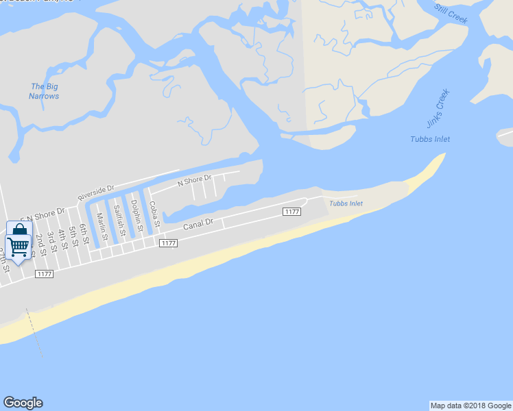 map of restaurants, bars, coffee shops, grocery stores, and more near 1611 Canal Drive in Sunset Beach
