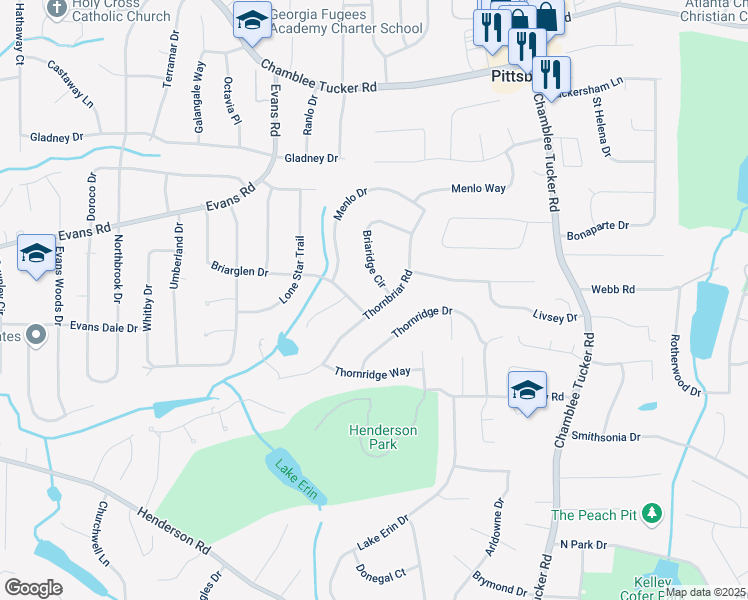 map of restaurants, bars, coffee shops, grocery stores, and more near 2886 Thornbriar Road in Atlanta