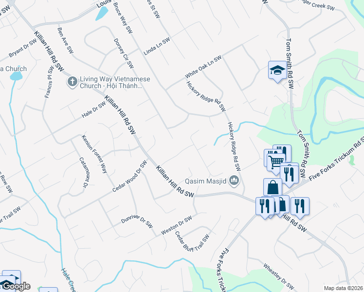 map of restaurants, bars, coffee shops, grocery stores, and more near 4185 Cedar Creek Trail Southwest in Lilburn