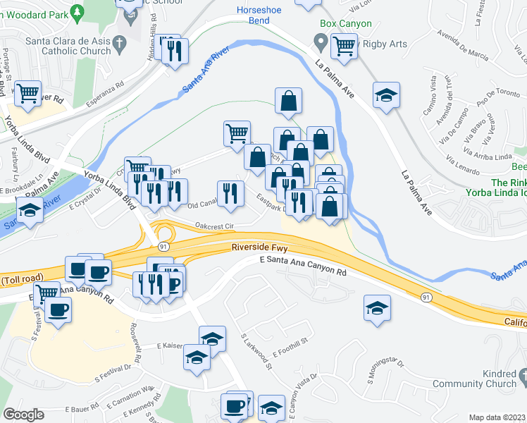 map of restaurants, bars, coffee shops, grocery stores, and more near 22735 Oakcrest Circle in Yorba Linda