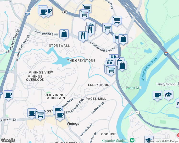 map of restaurants, bars, coffee shops, grocery stores, and more near 3311 Stillhouse Road Southeast in Atlanta