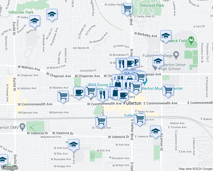 map of restaurants, bars, coffee shops, grocery stores, and more near 318 North Highland Avenue in Fullerton