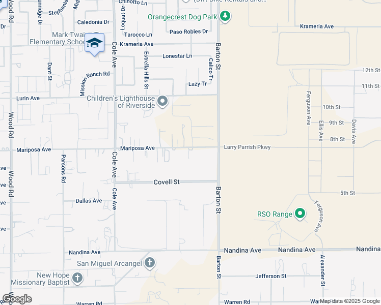 map of restaurants, bars, coffee shops, grocery stores, and more near 19855 Mariposa Avenue in Riverside