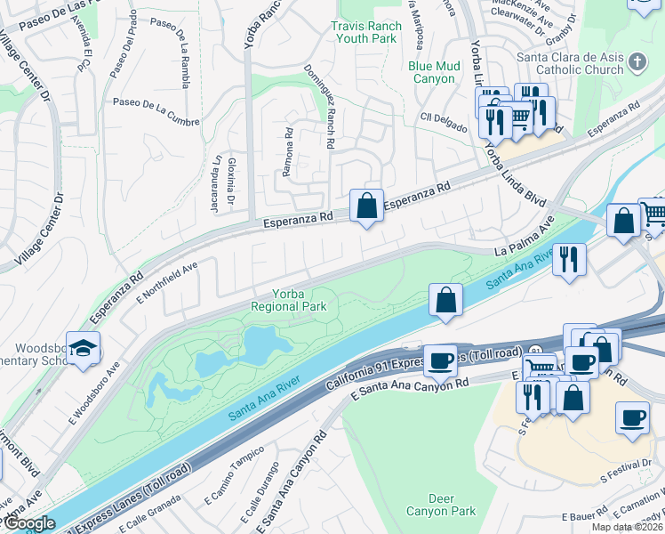 map of restaurants, bars, coffee shops, grocery stores, and more near 7924 East Woodsboro Avenue in Anaheim
