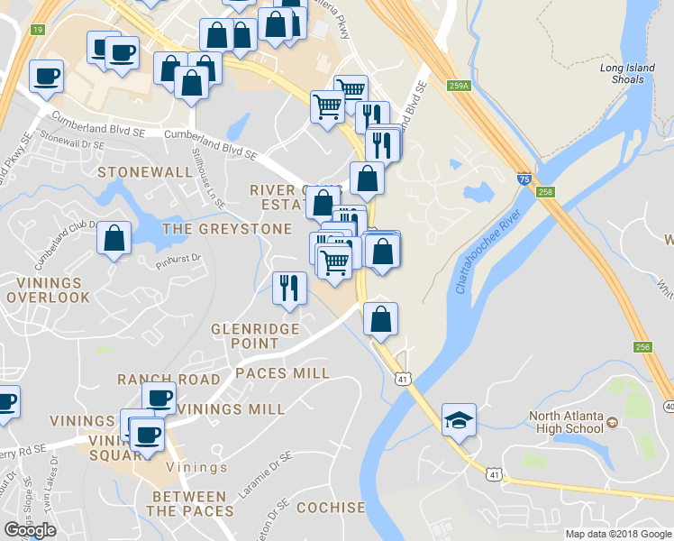 map of restaurants, bars, coffee shops, grocery stores, and more near 3240 Cobb Parkway Southeast in Atlanta