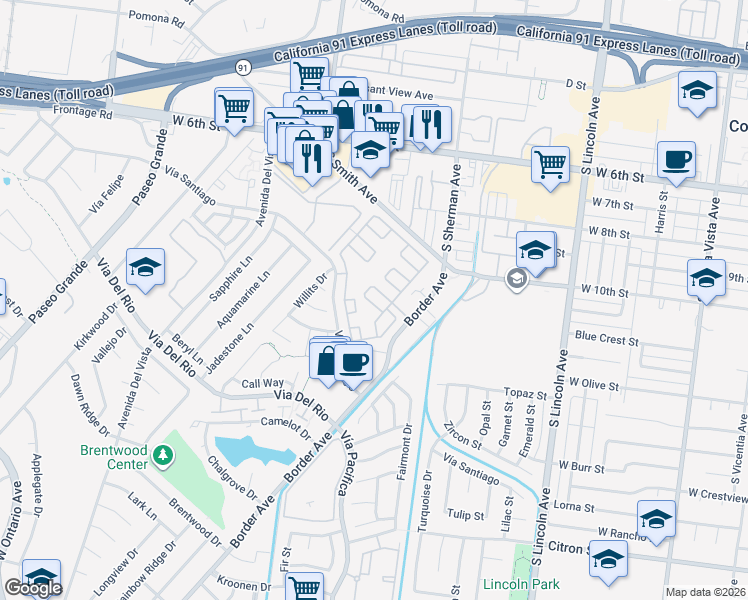 map of restaurants, bars, coffee shops, grocery stores, and more near 1383 Thornwood Square in Corona