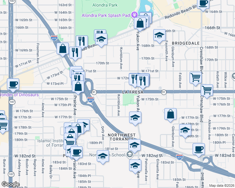 map of restaurants, bars, coffee shops, grocery stores, and more near 17405 Kornblum Avenue in Torrance