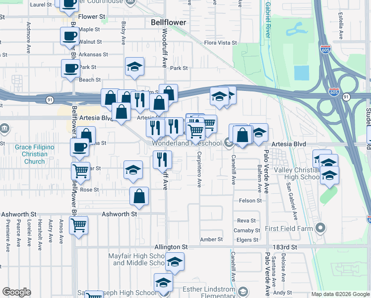 map of restaurants, bars, coffee shops, grocery stores, and more near 10250 Artesia Boulevard in Bellflower