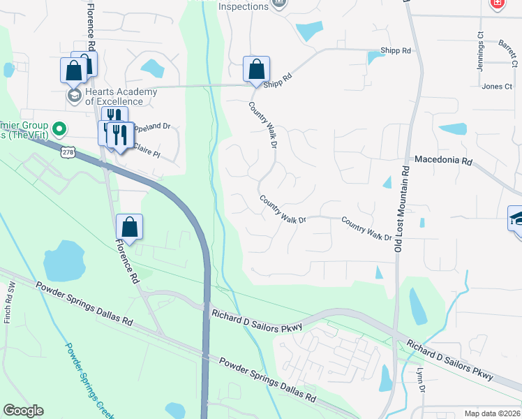 map of restaurants, bars, coffee shops, grocery stores, and more near 3302 Hillside Drive in Powder Springs