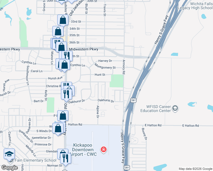 map of restaurants, bars, coffee shops, grocery stores, and more near 4103 Belmede Drive in Wichita Falls