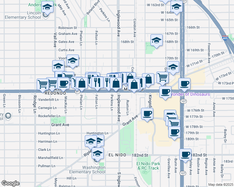 map of restaurants, bars, coffee shops, grocery stores, and more near in Redondo Beach