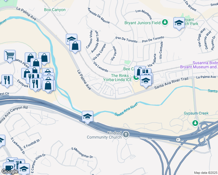 map of restaurants, bars, coffee shops, grocery stores, and more near 6160 Cape Cod Lane in Yorba Linda