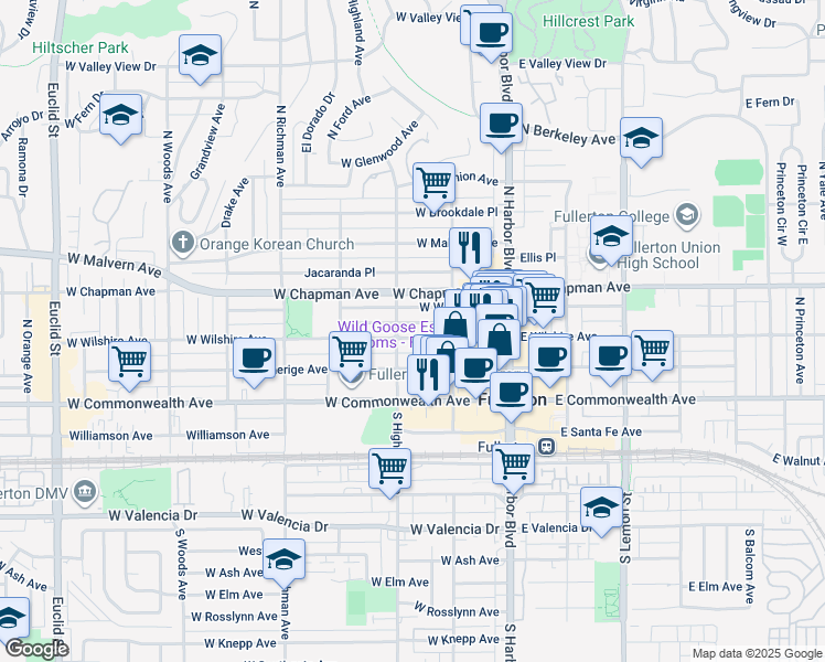 map of restaurants, bars, coffee shops, grocery stores, and more near 318 North Highland Avenue in Fullerton