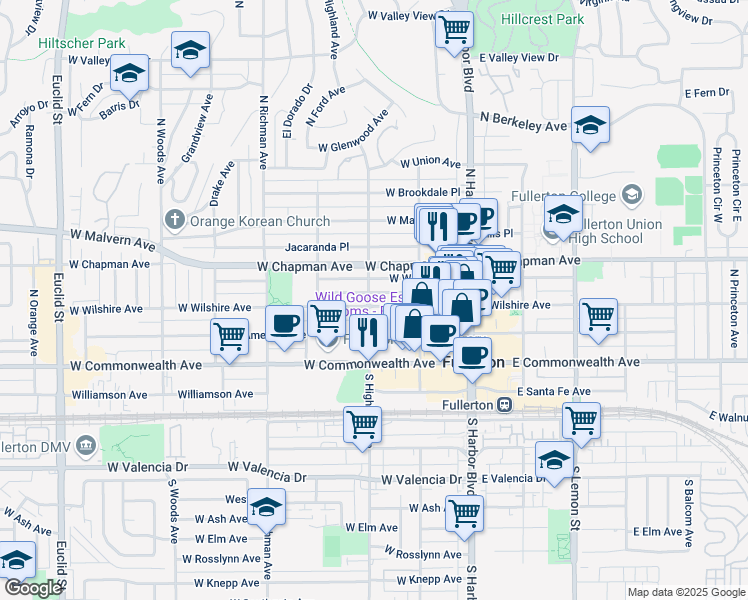 map of restaurants, bars, coffee shops, grocery stores, and more near 318 North Highland Avenue in Fullerton