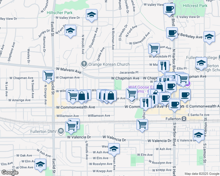 map of restaurants, bars, coffee shops, grocery stores, and more near 317 North Richman Avenue in Fullerton