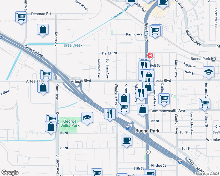 map of restaurants, bars, coffee shops, grocery stores, and more near 7400 Artesia Boulevard in Buena Park