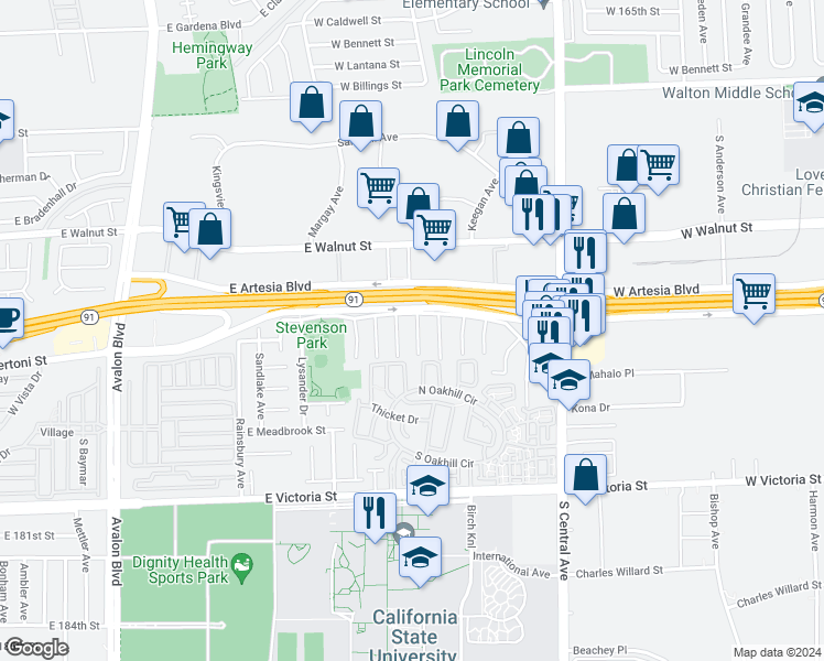 map of restaurants, bars, coffee shops, grocery stores, and more near 17417 Nauset Court in Carson