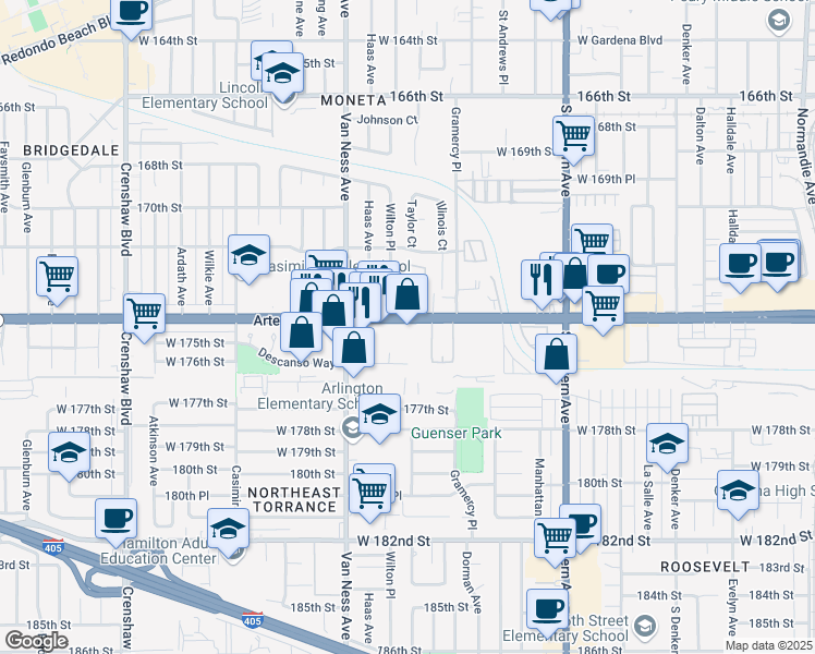 map of restaurants, bars, coffee shops, grocery stores, and more near 2059 Artesia Boulevard in Torrance