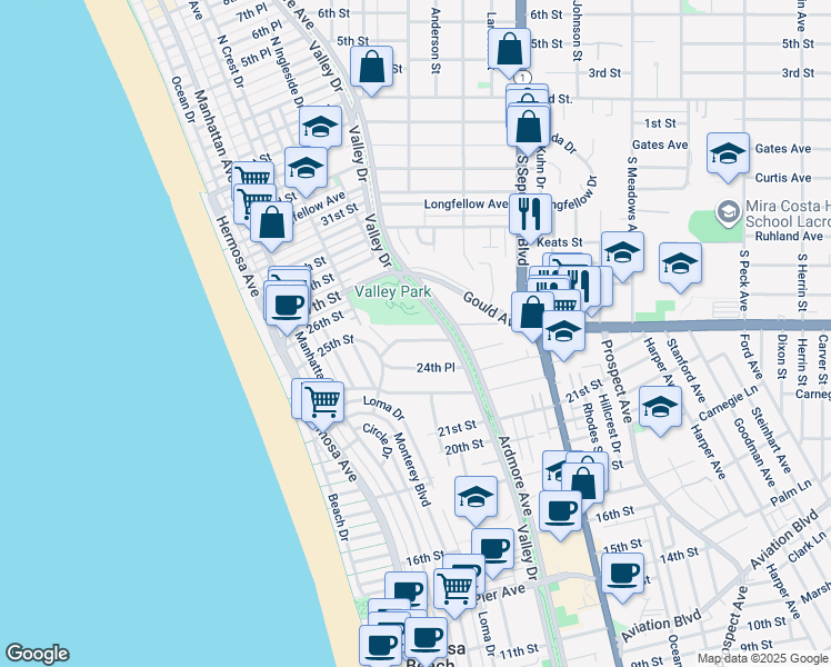 map of restaurants, bars, coffee shops, grocery stores, and more near 2515 Valley Drive in Hermosa Beach