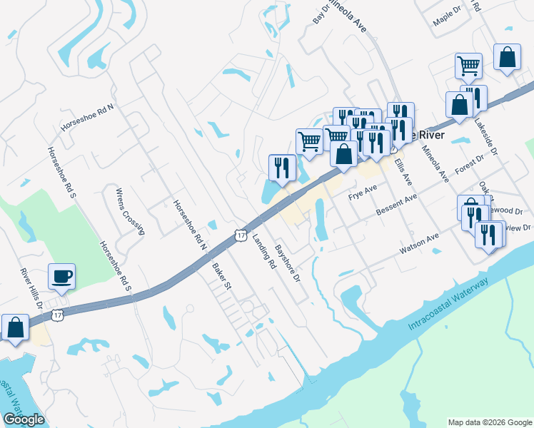 map of restaurants, bars, coffee shops, grocery stores, and more near 1354 U.S. 17 in Little River