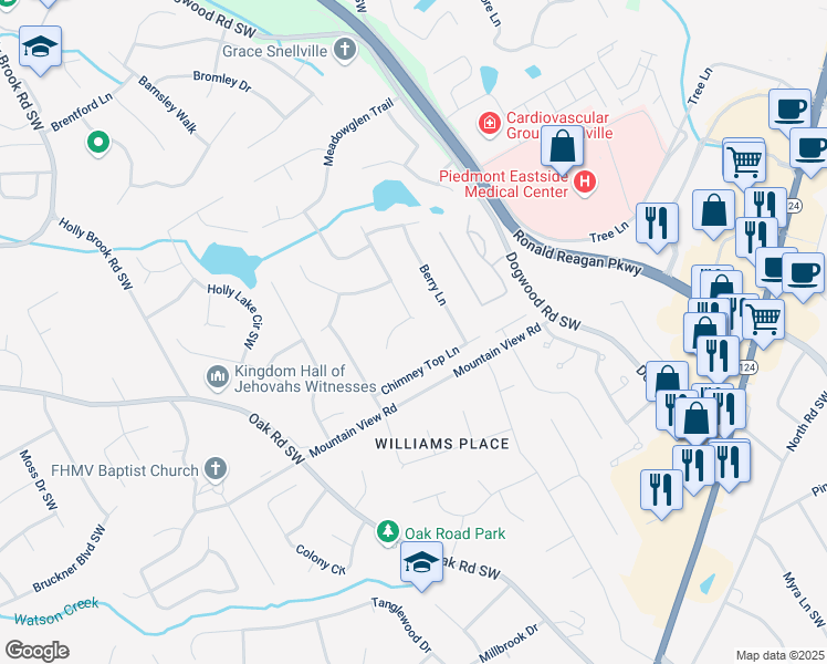 map of restaurants, bars, coffee shops, grocery stores, and more near 1855 Vintage Drive in Snellville