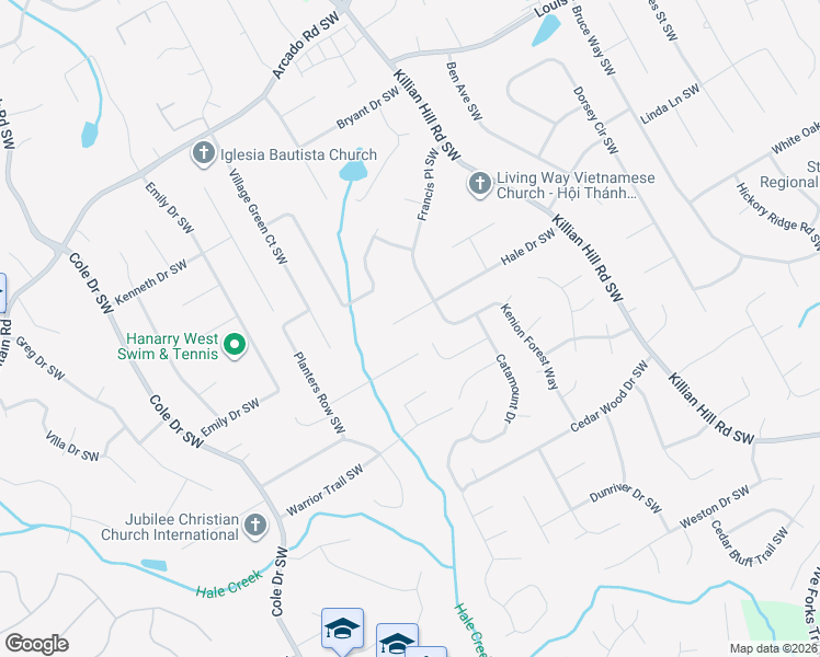 map of restaurants, bars, coffee shops, grocery stores, and more near 4506 Hale Drive Southwest in Lilburn
