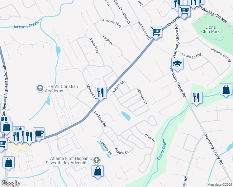 map of restaurants, bars, coffee shops, grocery stores, and more near 212 Villa Place Court in Tucker