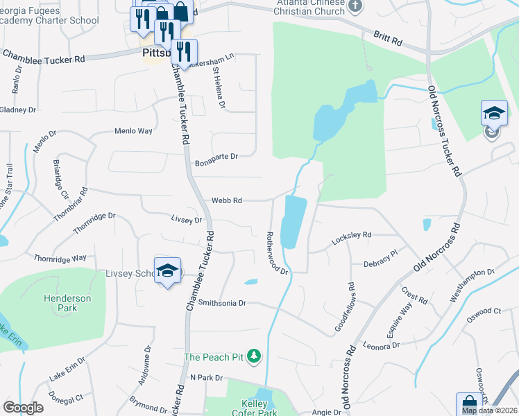 map of restaurants, bars, coffee shops, grocery stores, and more near 4289 Webb Road in Tucker