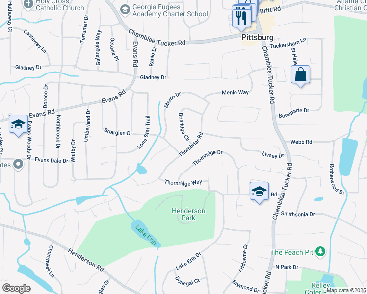 map of restaurants, bars, coffee shops, grocery stores, and more near 2886 Thornbriar Road in Atlanta