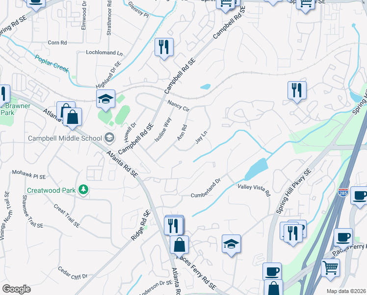 map of restaurants, bars, coffee shops, grocery stores, and more near 3285 Ann Road in Smyrna